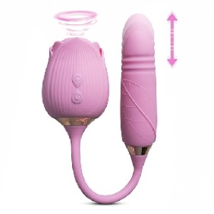 Rose Thrusting Vibrator Clitoral Sucking Silicone 10-Speed each end, PINK